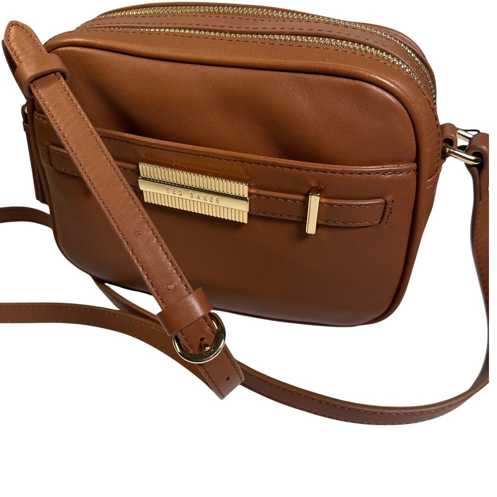 Ted Baker London Tan Leather Double Zip Crossbody Camera Bag Gold Hardware NEW